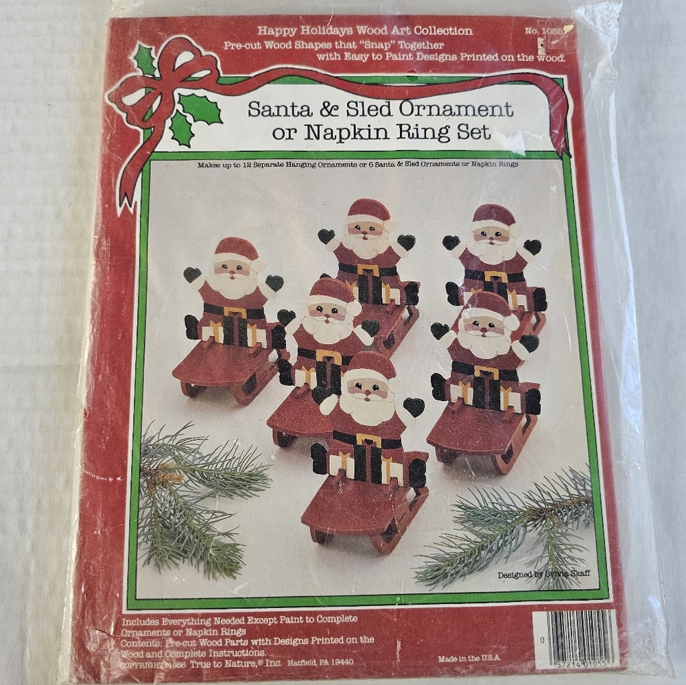 Santa & Sled Ornament or Napkin Ring Set Snap Together Wood Art Collection NOS